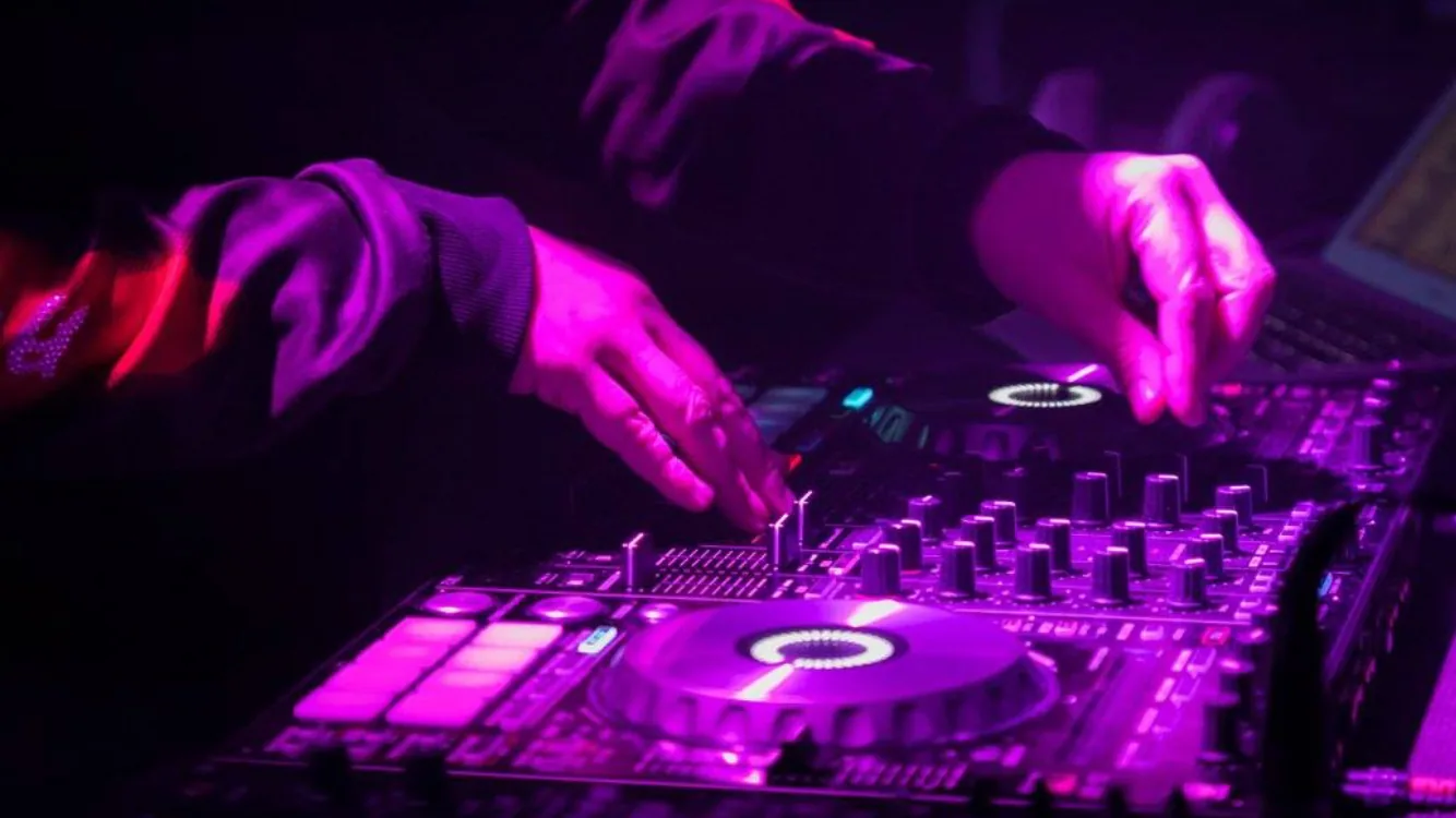 Close-up of Sven's DJ equipment and controls